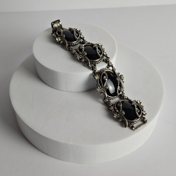 Vtg Style Gothic Faux Onyx & Rhinestone Bracelet Ornate Silver-Tone Setting, 7" - Picture 7 of 16